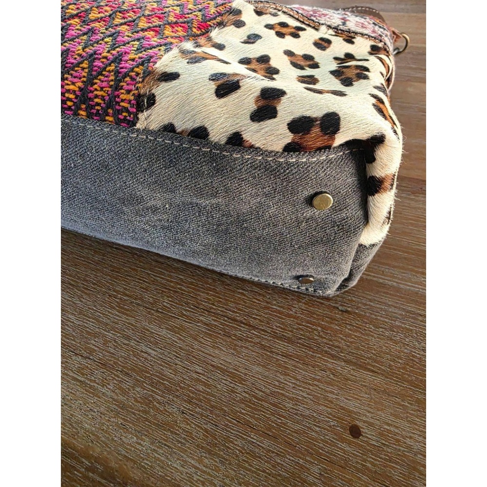 NWT Myra Womens Shoulder Bag Patchwork Leather Cowhide Leopard Print Bohemian - Picture 6 of 10